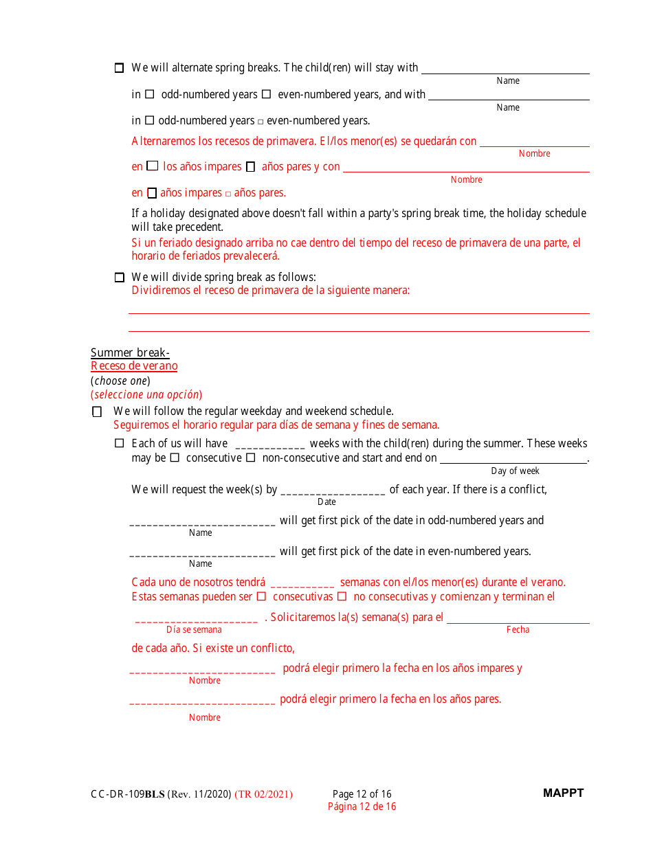 Form CC-DR-109BLS Maryland Parenting Plan Tool - Maryland (English / Spanish), Page 12