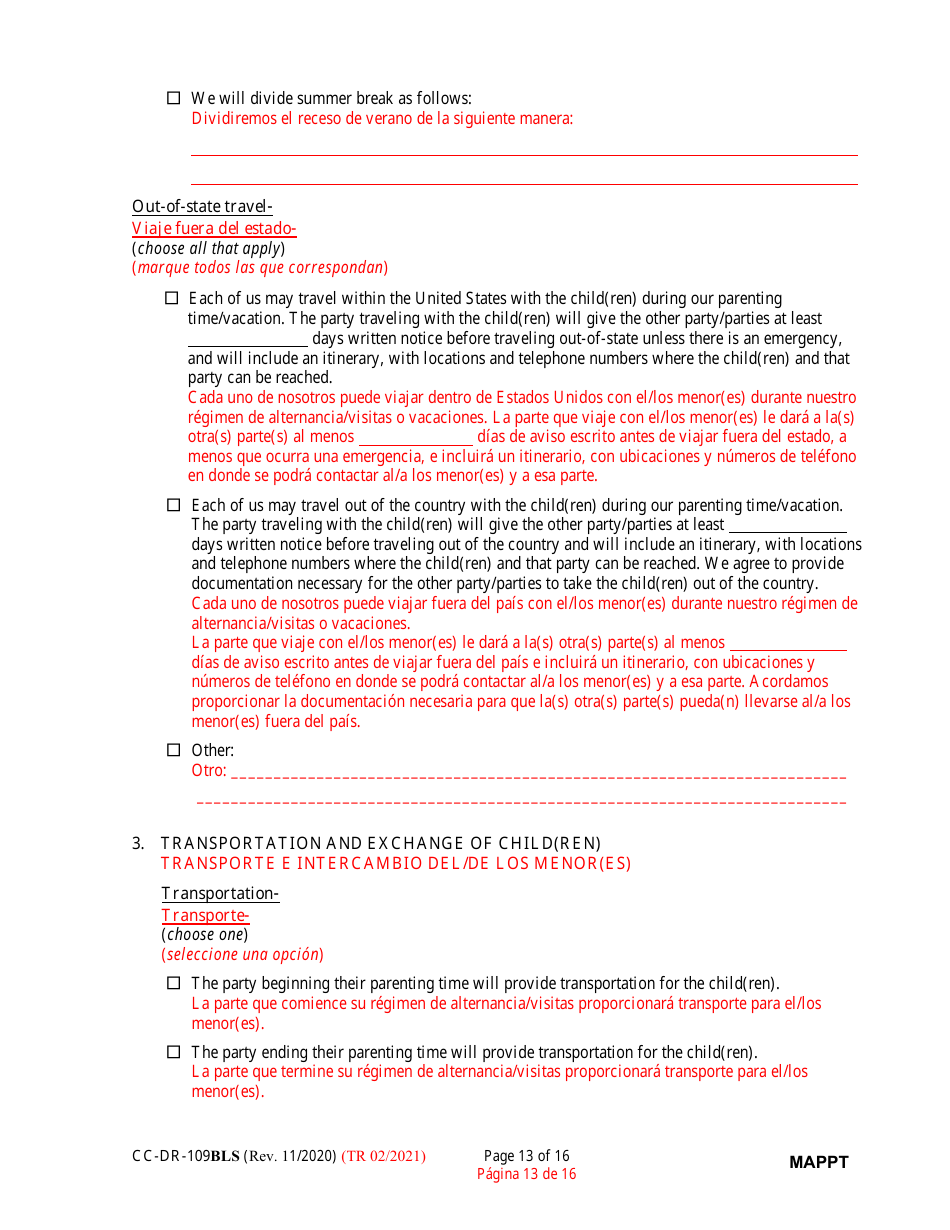 Form CC-DR-109BLS Maryland Parenting Plan Tool - Maryland (English / Spanish), Page 13