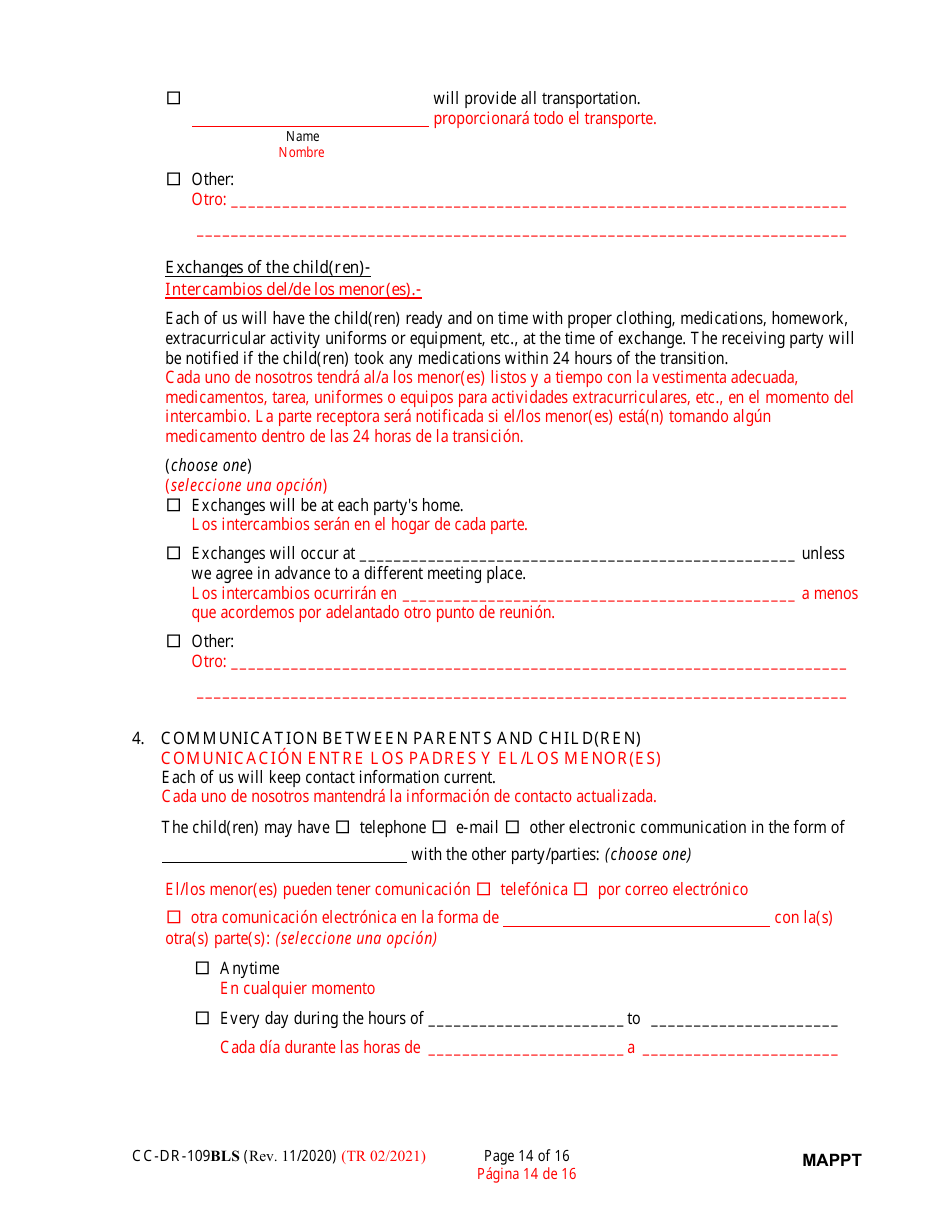 Form CC-DR-109BLS Maryland Parenting Plan Tool - Maryland (English / Spanish), Page 14