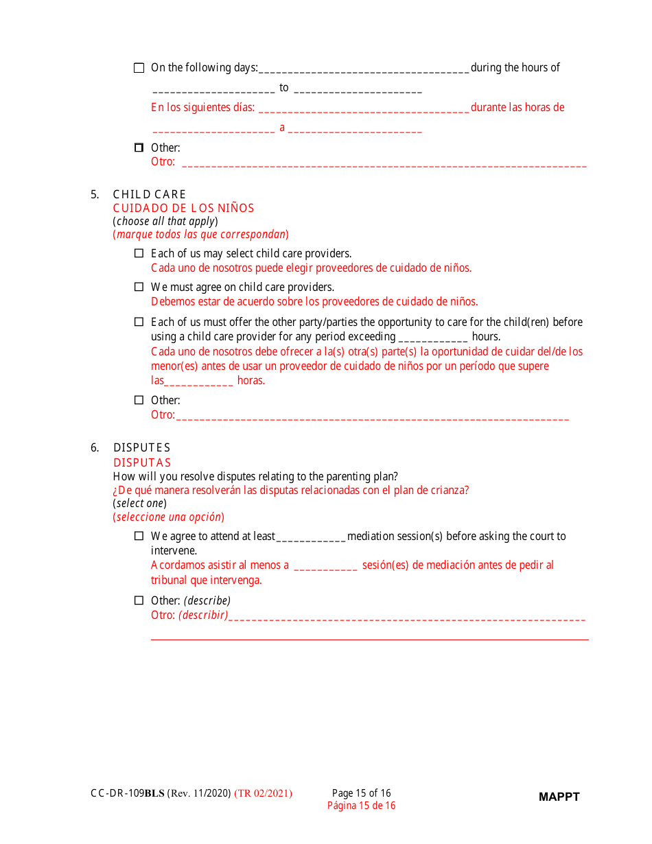 Form CC-DR-109BLS Maryland Parenting Plan Tool - Maryland (English / Spanish), Page 15