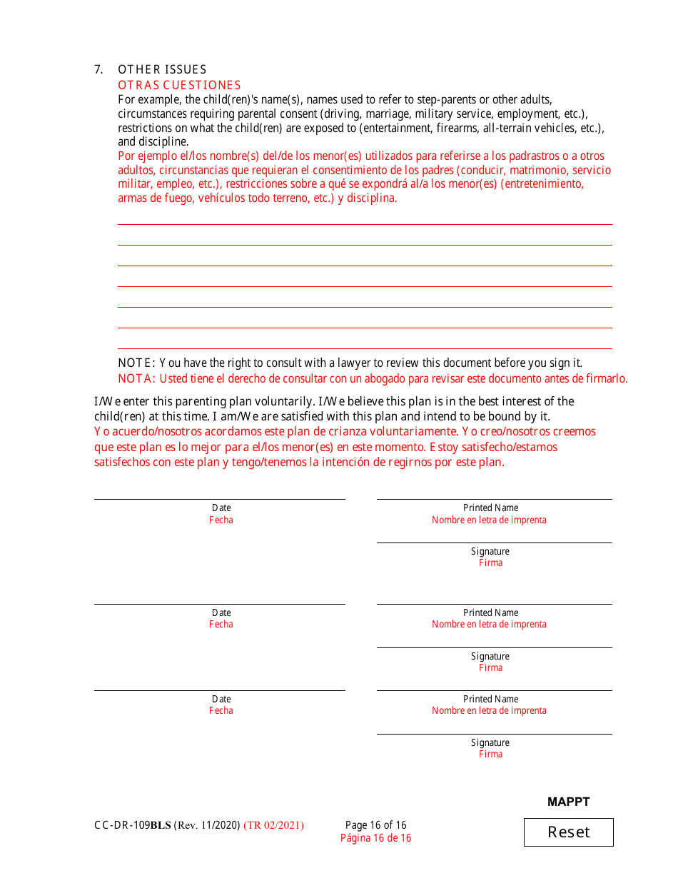 Form CC-DR-109BLS Maryland Parenting Plan Tool - Maryland (English / Spanish), Page 16
