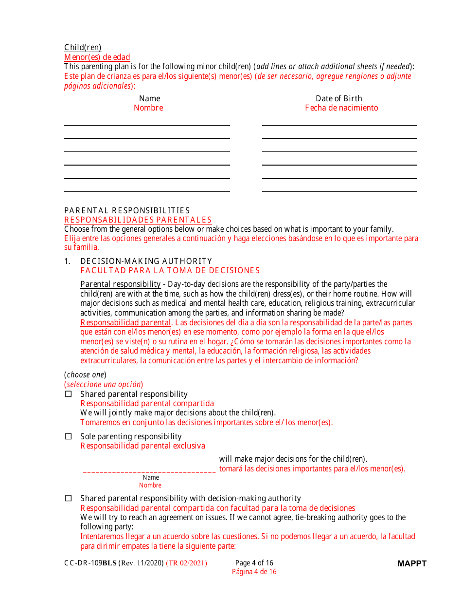 Form CC-DR-109BLS Maryland Parenting Plan Tool - Maryland (English / Spanish), Page 4