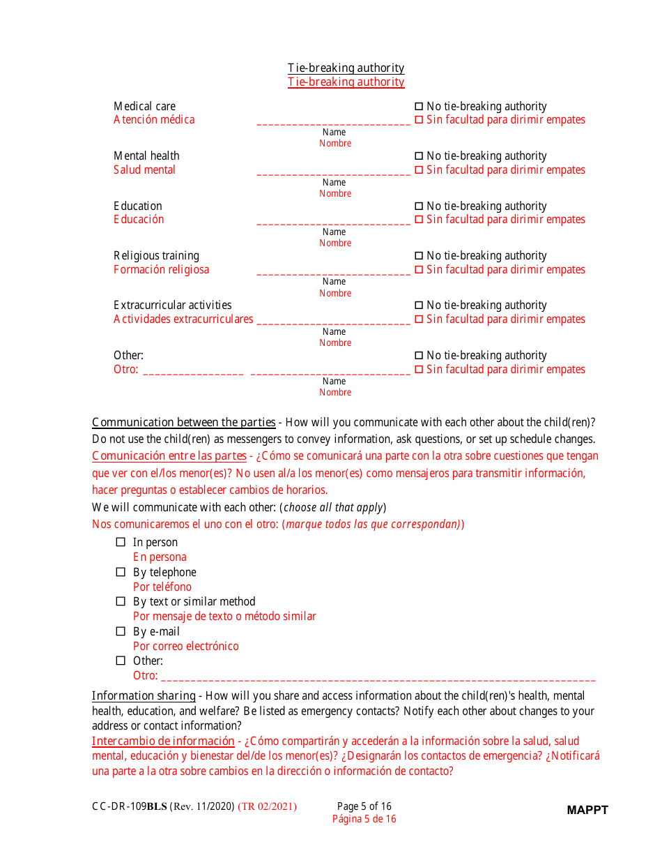 Form CC-DR-109BLS Maryland Parenting Plan Tool - Maryland (English / Spanish), Page 5