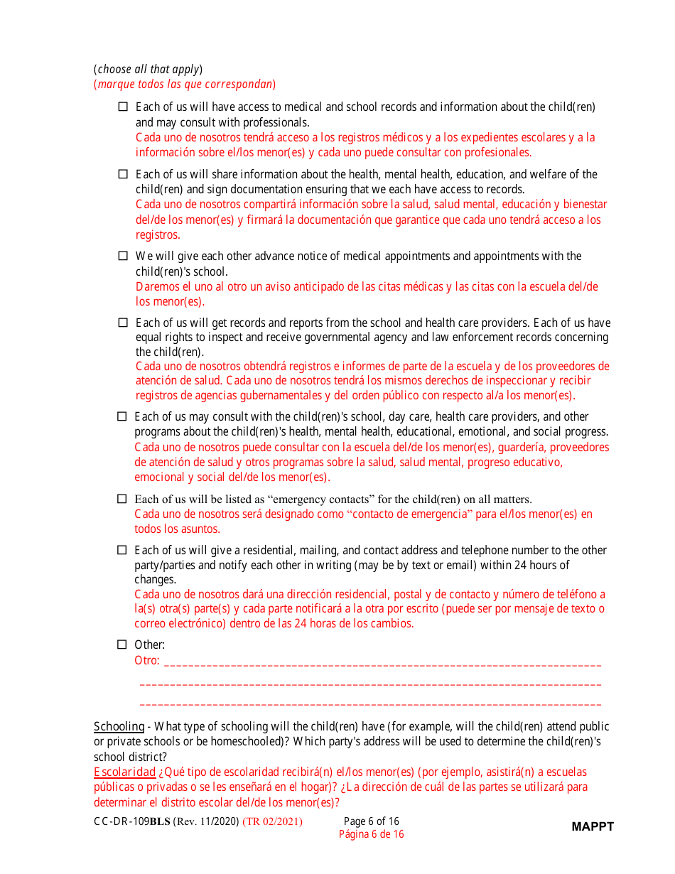 Form CC-DR-109BLS Maryland Parenting Plan Tool - Maryland (English / Spanish), Page 6