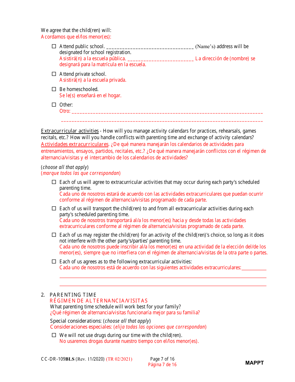 Form CC-DR-109BLS Maryland Parenting Plan Tool - Maryland (English / Spanish), Page 7