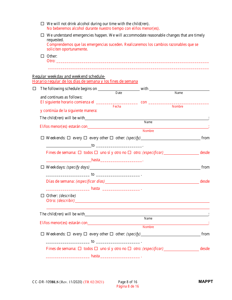 Form CC-DR-109BLS Maryland Parenting Plan Tool - Maryland (English / Spanish), Page 8