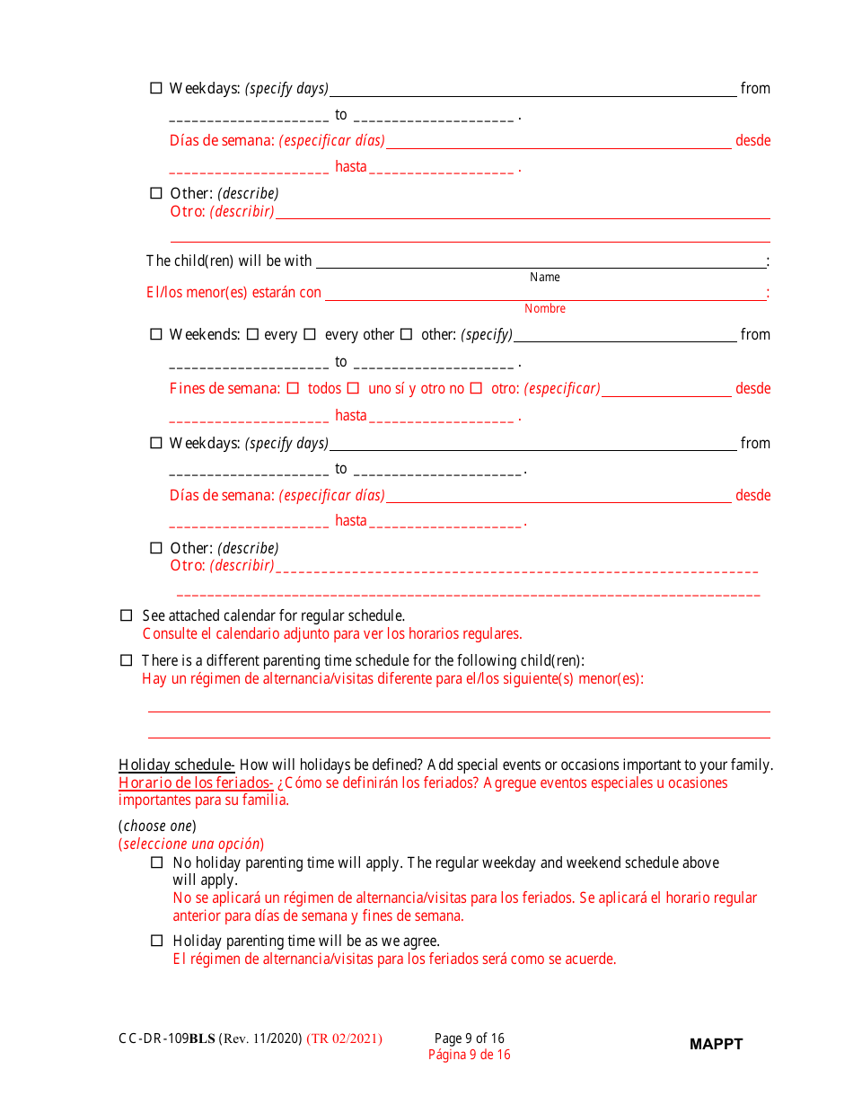 Form CC-DR-109BLS Maryland Parenting Plan Tool - Maryland (English / Spanish), Page 9