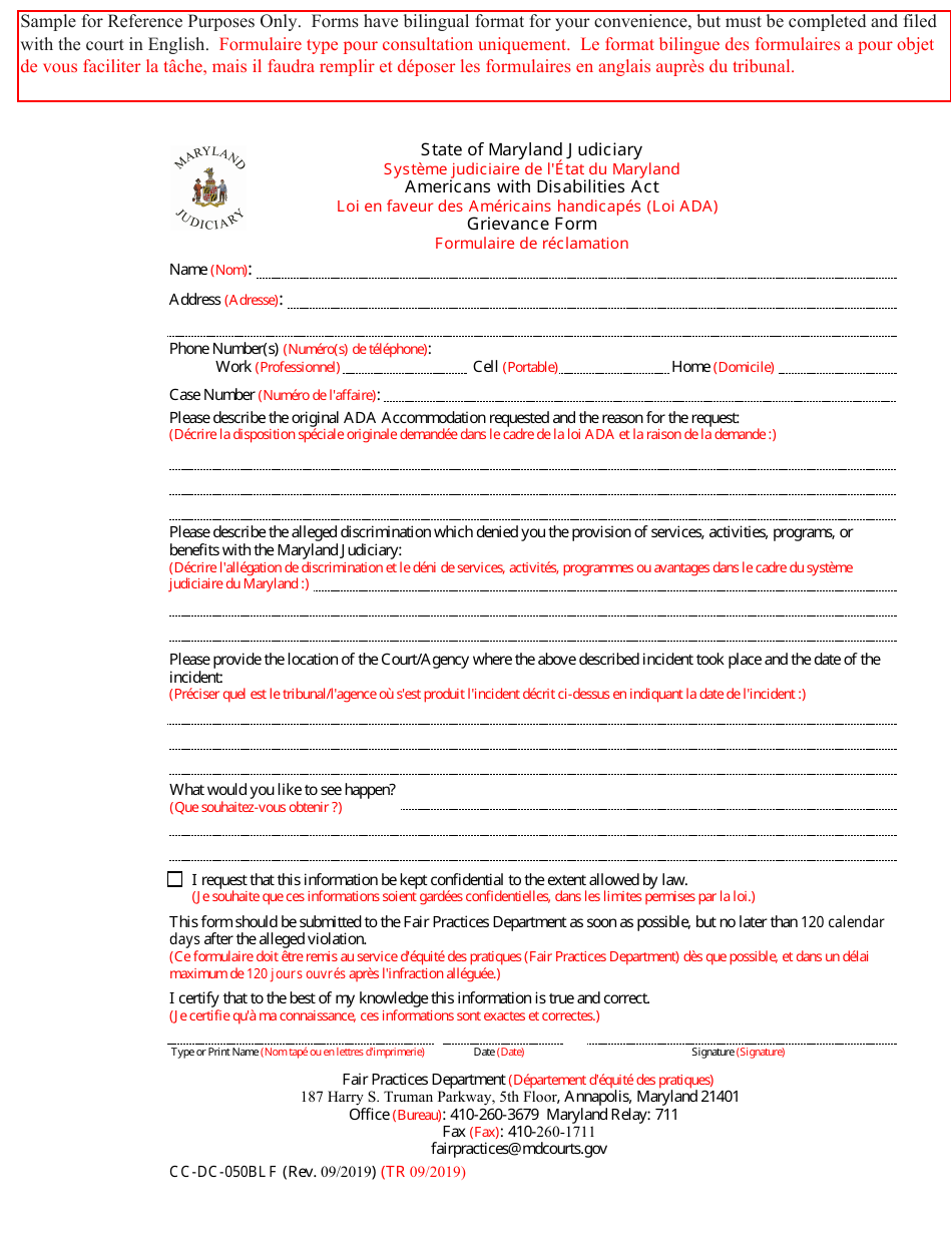 Form CC-DC-050BLF Americans With Disabilities Act Grievance Form - Maryland (English / French), Page 1