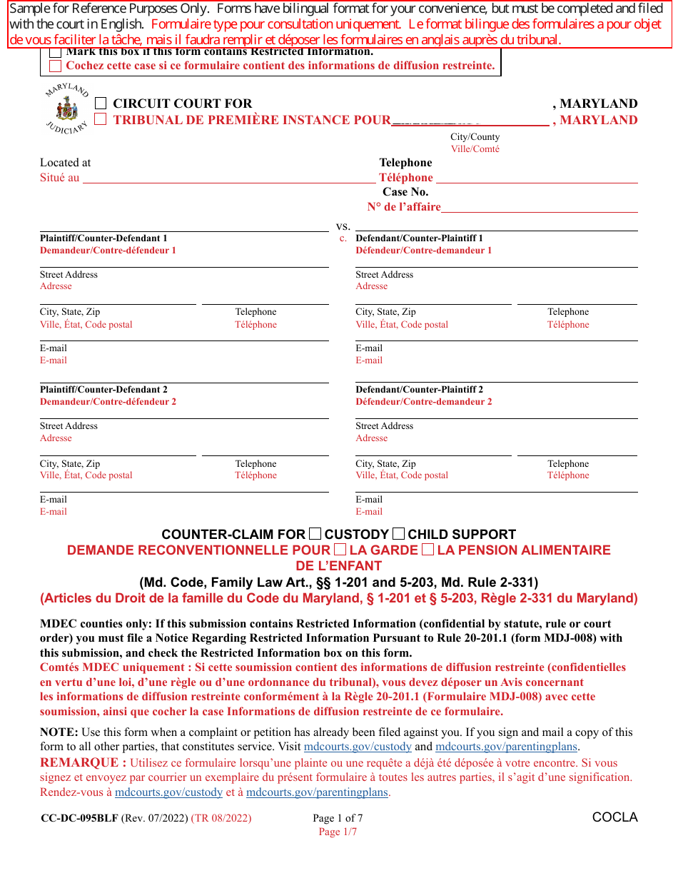 Form CC-DC-095BLF Counter-Claim for Custody / Child Support - Maryland (English / French), Page 1