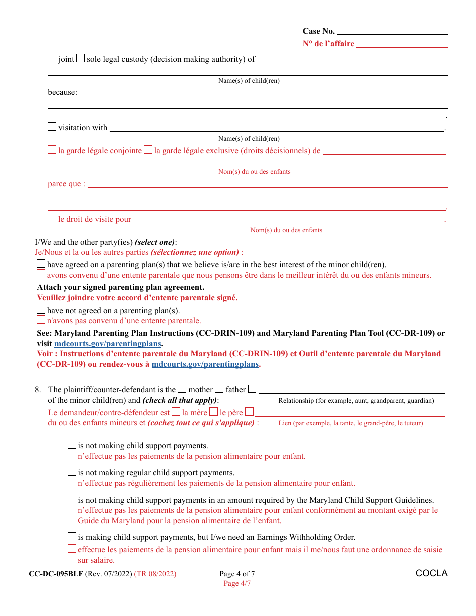Form CC-DC-095BLF Counter-Claim for Custody / Child Support - Maryland (English / French), Page 4