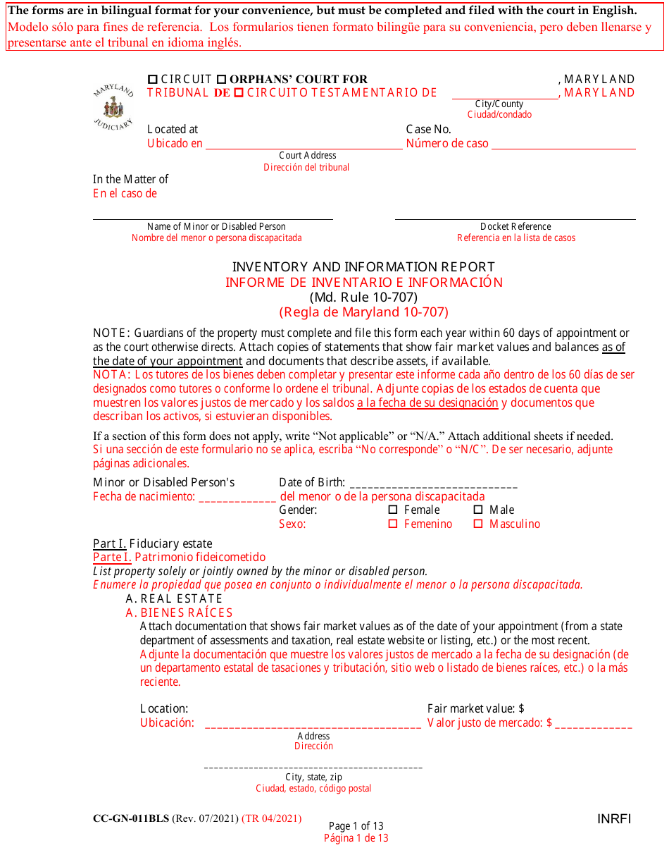 Form CC-GN-011BLS Inventory and Information Report - Maryland (English / Spanish), Page 1