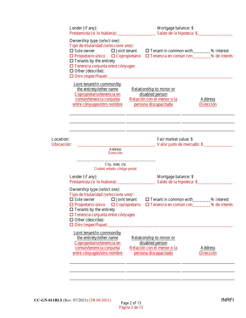 Form CC-GN-011BLS Inventory and Information Report - Maryland (English / Spanish), Page 2