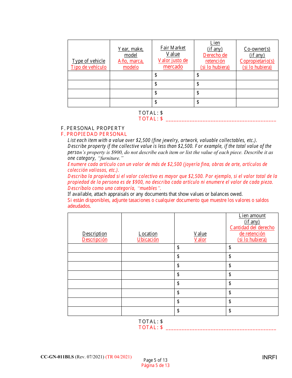 Form CC-GN-011BLS Inventory and Information Report - Maryland (English / Spanish), Page 5