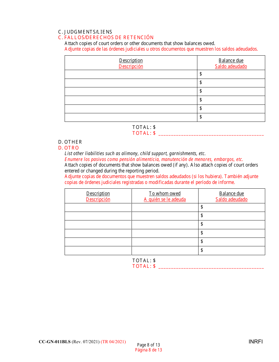 Form CC-GN-011BLS Inventory and Information Report - Maryland (English / Spanish), Page 8