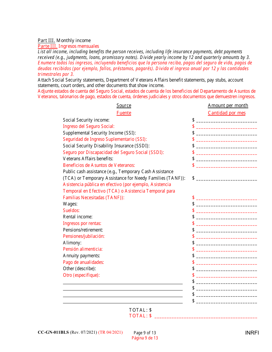 Form CC-GN-011BLS Inventory and Information Report - Maryland (English / Spanish), Page 9