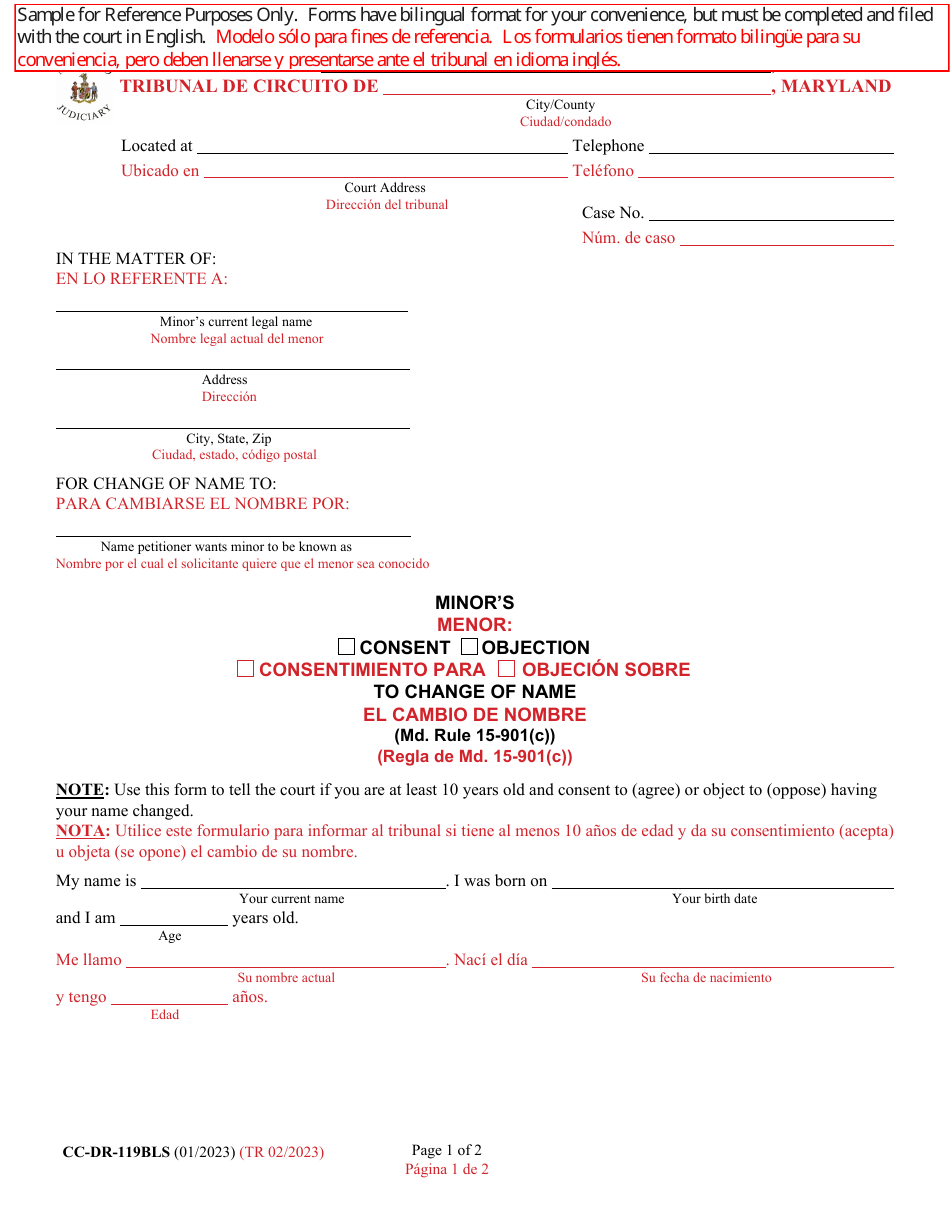 Form CC-DR-119BLS Minors Consent / Objection to Change of Name - Maryland (English / Spanish), Page 1