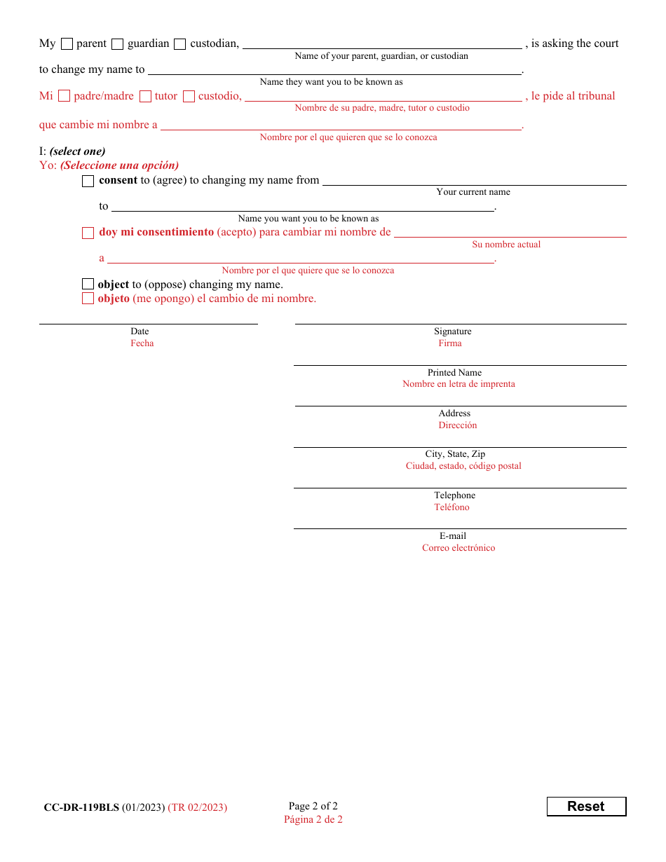 Form CC-DR-119BLS Minors Consent / Objection to Change of Name - Maryland (English / Spanish), Page 2