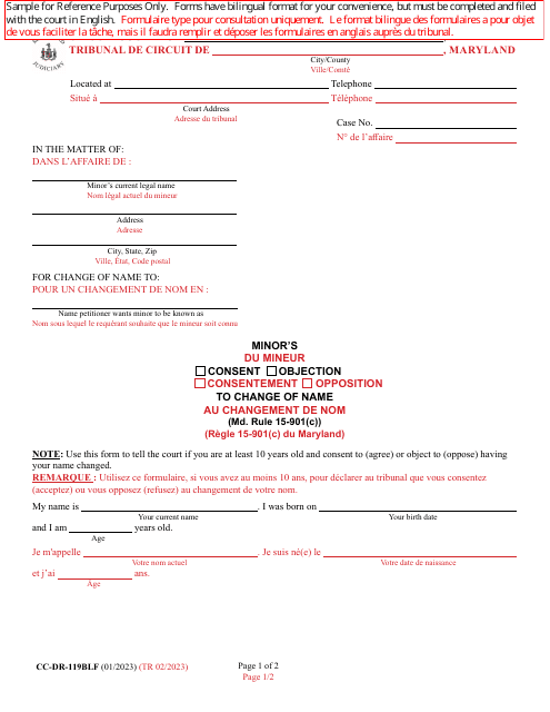 Form CC-DR-119BLF Minor's Consent/Objection to Change of Name - Maryland (English/French)