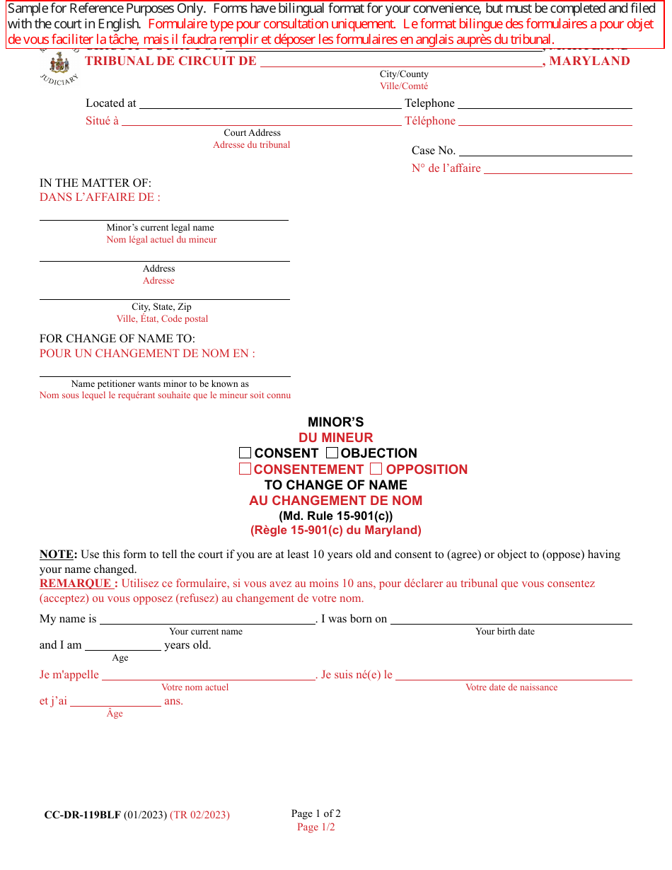 Form CC-DR-119BLF Minors Consent / Objection to Change of Name - Maryland (English / French), Page 1