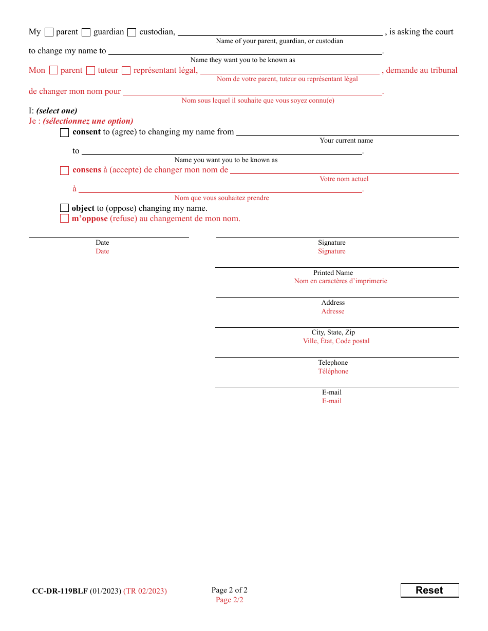 Form CC-DR-119BLF Minors Consent / Objection to Change of Name - Maryland (English / French), Page 2