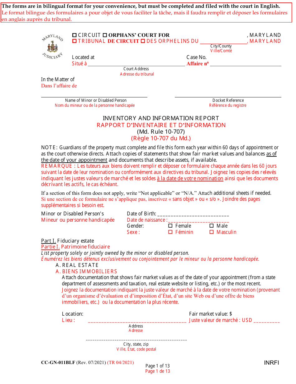 Form CC-GN-011BLF Inventory and Information Report - Maryland (English / French), Page 1