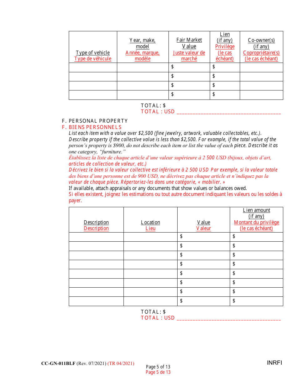 Form CC-GN-011BLF Inventory and Information Report - Maryland (English / French), Page 5