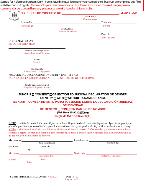Form CC-DR-124BLS Minor's Consent/Objection to Judicial Declaration of Gender Identity With/Without a Name Change - Maryland (English/Spanish)
