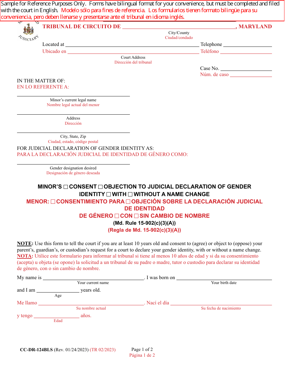Form CC-DR-124BLS Minors Consent / Objection to Judicial Declaration of Gender Identity With / Without a Name Change - Maryland (English / Spanish), Page 1