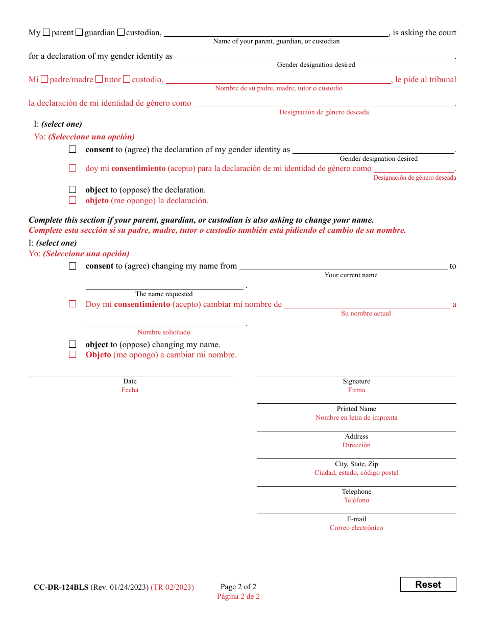 Form CC-DR-124BLS Minors Consent / Objection to Judicial Declaration of Gender Identity With / Without a Name Change - Maryland (English / Spanish), Page 2