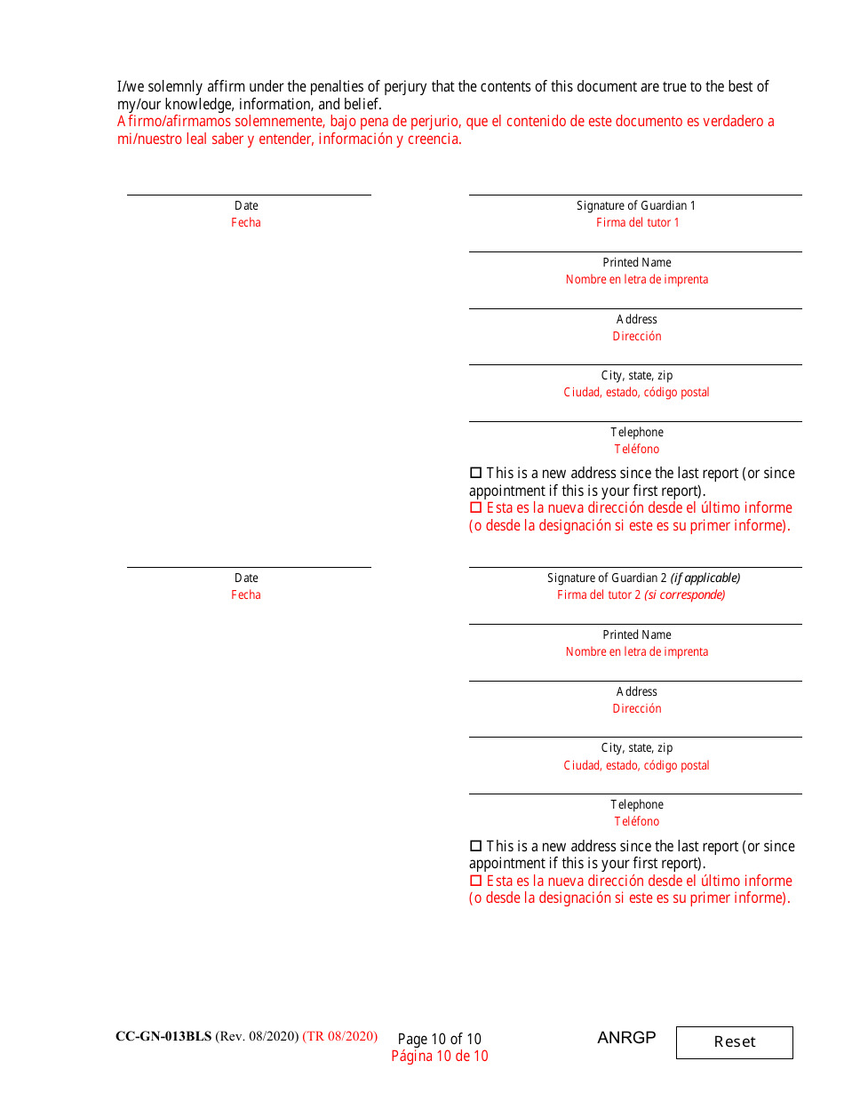 Form CC-GN-013BLS Annual Report of Guardian of Disabled Person - Maryland (English / Spanish), Page 10