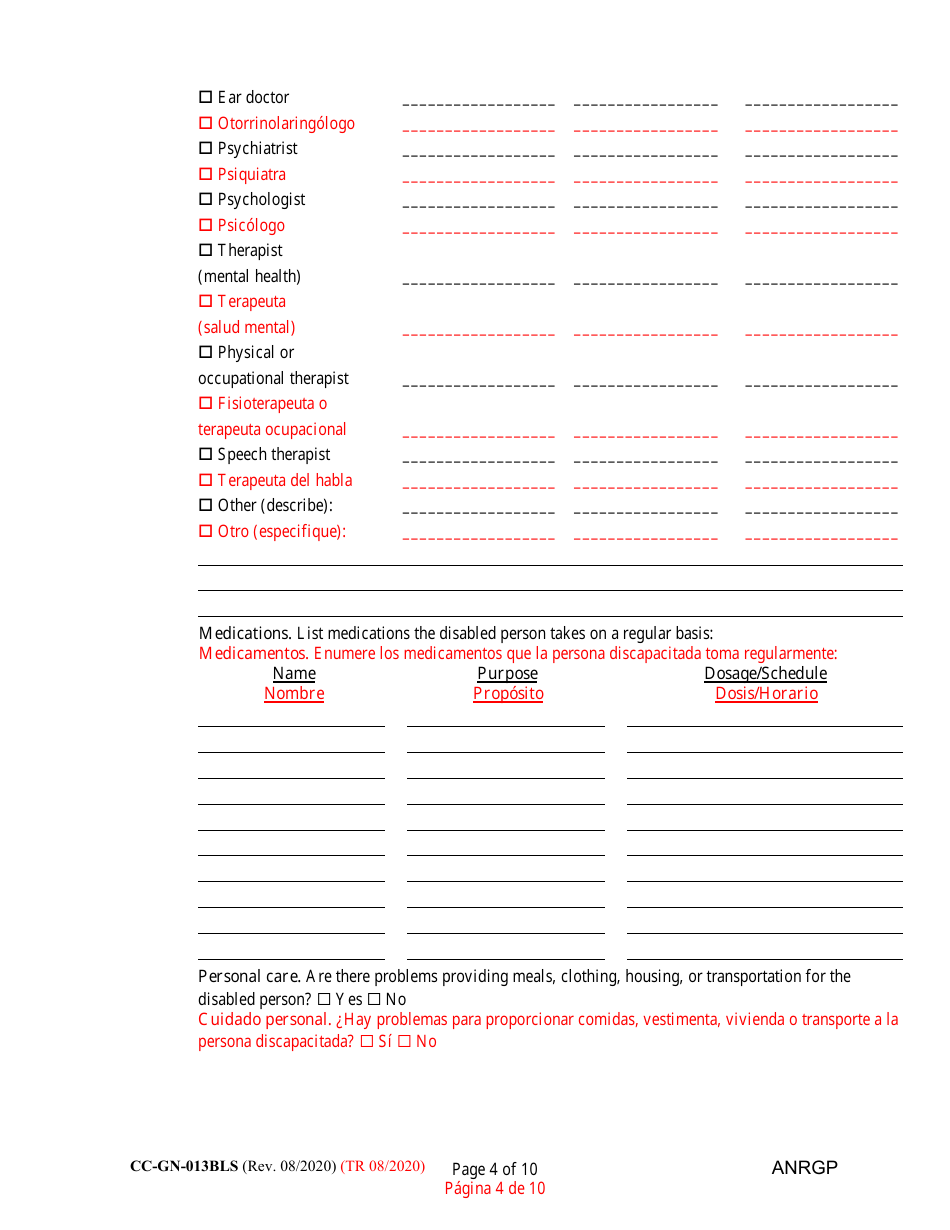 Form CC-GN-013BLS Annual Report of Guardian of Disabled Person - Maryland (English / Spanish), Page 4