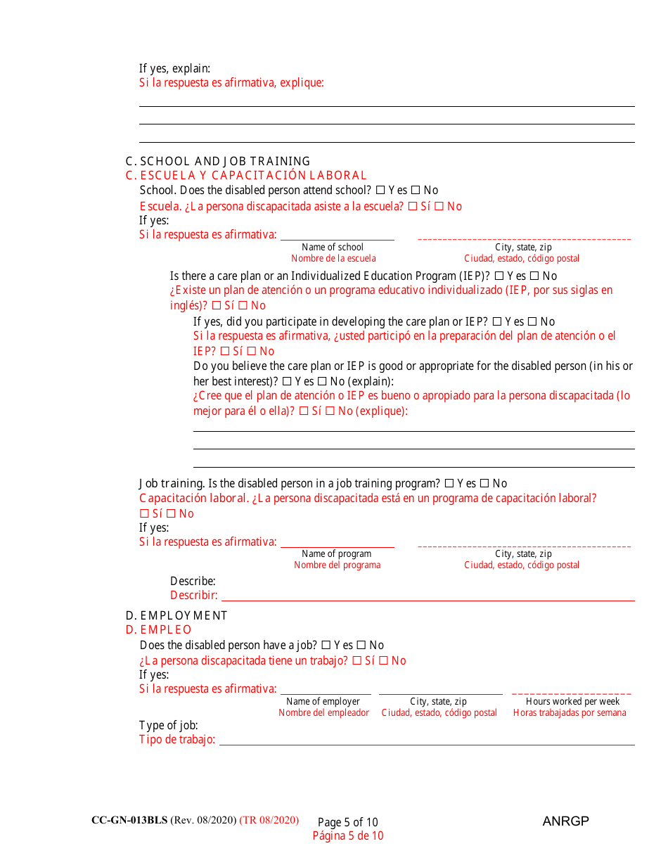 Form CC-GN-013BLS Annual Report of Guardian of Disabled Person - Maryland (English / Spanish), Page 5