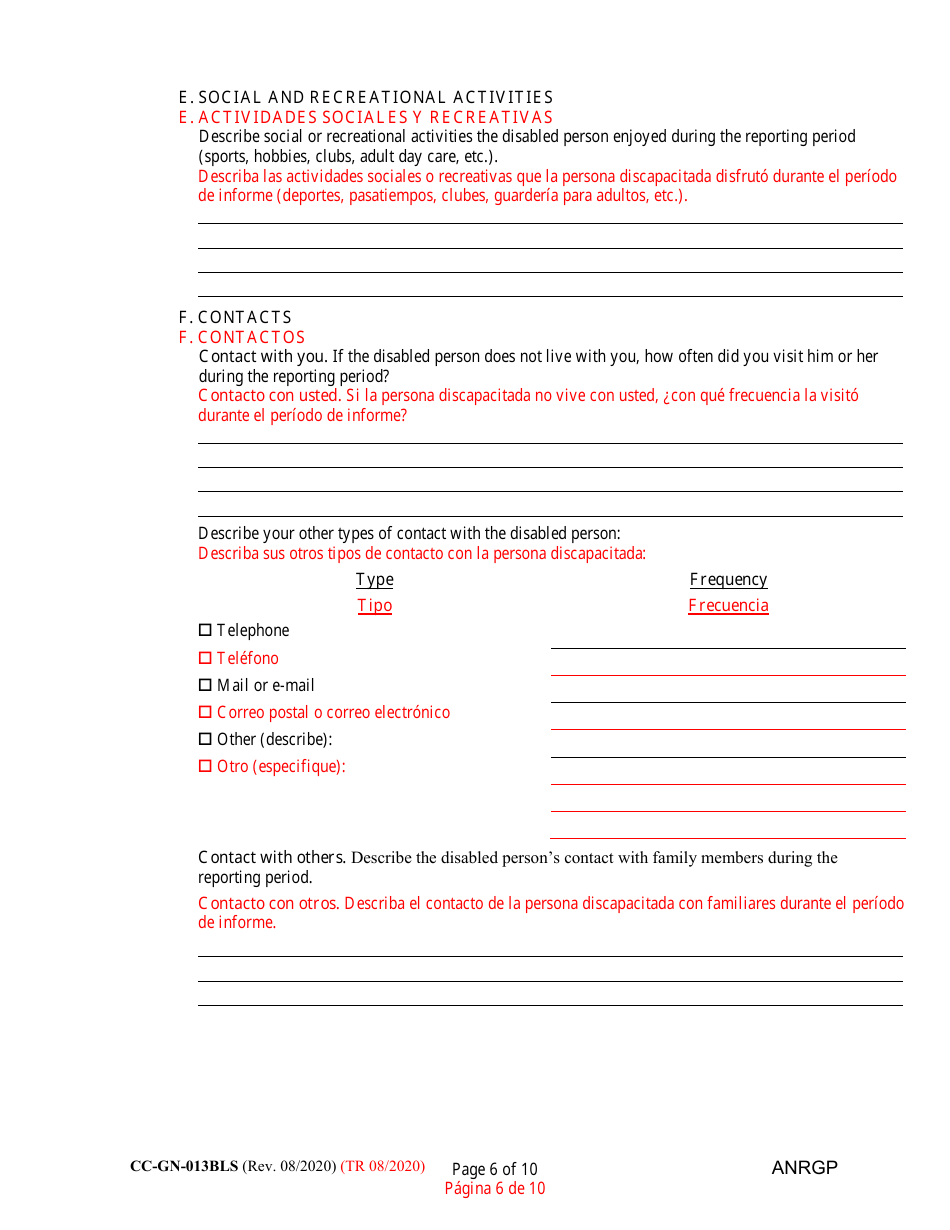 Form CC-GN-013BLS Annual Report of Guardian of Disabled Person - Maryland (English / Spanish), Page 6