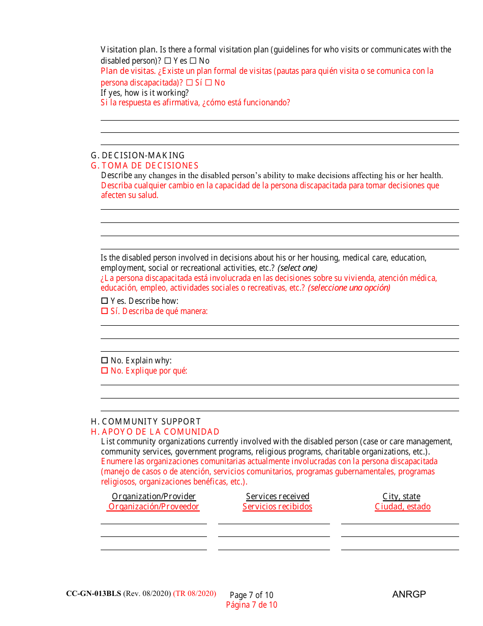 Form CC-GN-013BLS Annual Report of Guardian of Disabled Person - Maryland (English / Spanish), Page 7