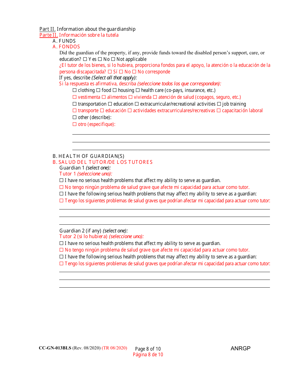 Form CC-GN-013BLS Annual Report of Guardian of Disabled Person - Maryland (English / Spanish), Page 8