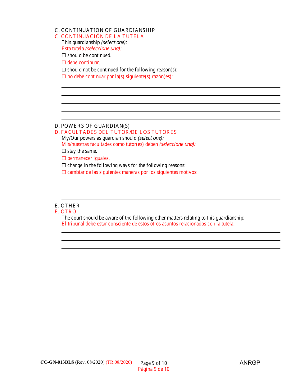 Form CC-GN-013BLS Annual Report of Guardian of Disabled Person - Maryland (English / Spanish), Page 9