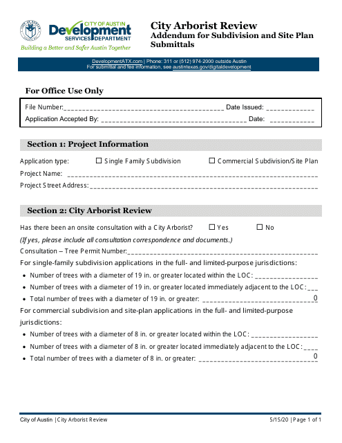City Arborist Review Addendum for Subdivision and Site Plan Submittals - City of Austin, Texas Download Pdf