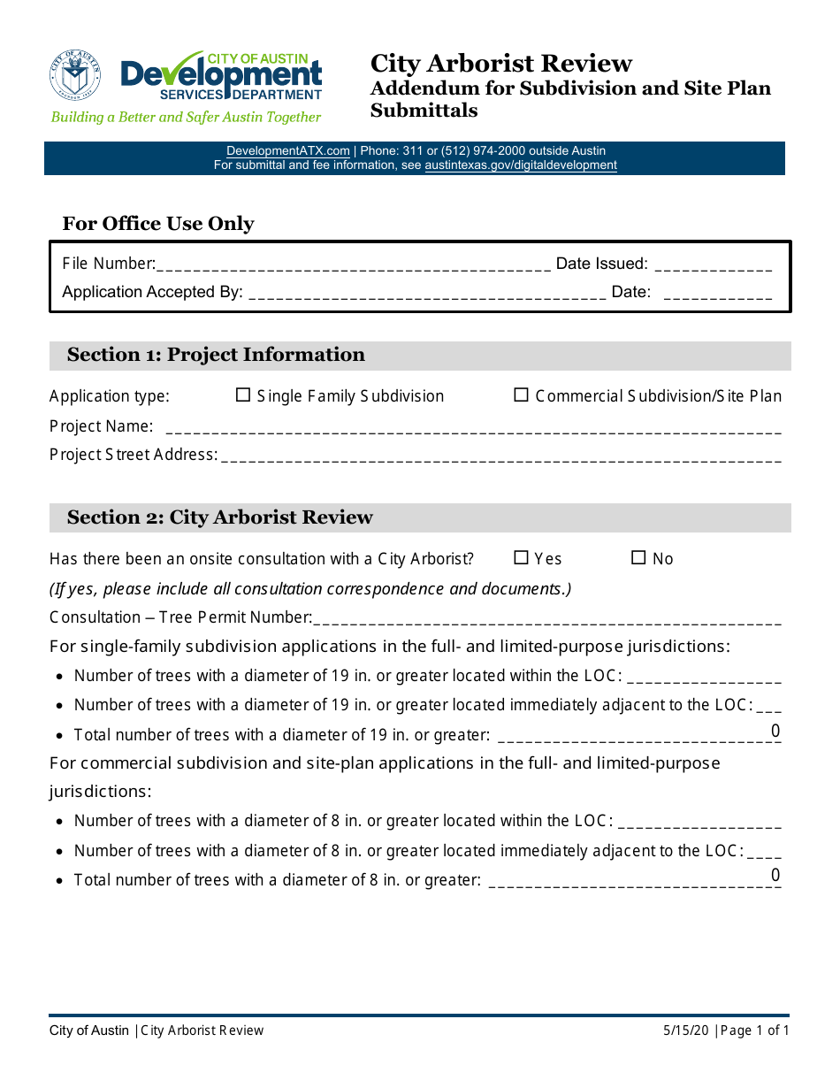 City Arborist Review Addendum for Subdivision and Site Plan Submittals - City of Austin, Texas, Page 1