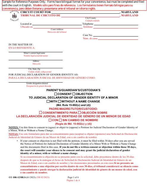 Form CC-DR-123BLS Parent's/Guardian's/Custodian's Consent/Objection to Judicial Declaration of Gender Identity of a Minor With/Without a Name Change - Maryland (English/Spanish)
