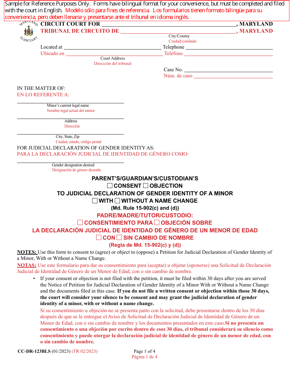Form CC-DR-123BLS Parents / Guardians / Custodians Consent / Objection to Judicial Declaration of Gender Identity of a Minor With / Without a Name Change - Maryland (English / Spanish), Page 1