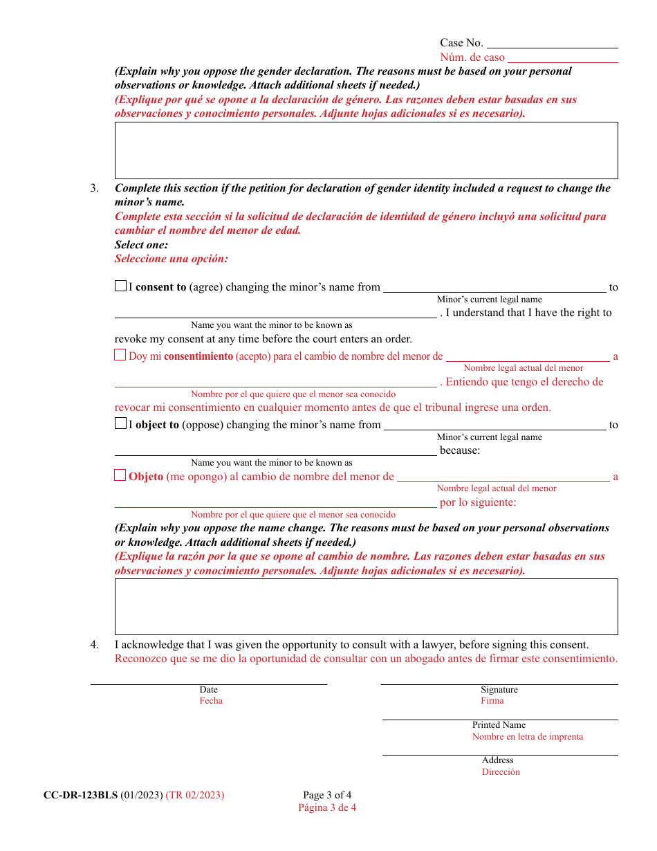 Form CC-DR-123BLS Parents / Guardians / Custodians Consent / Objection to Judicial Declaration of Gender Identity of a Minor With / Without a Name Change - Maryland (English / Spanish), Page 3