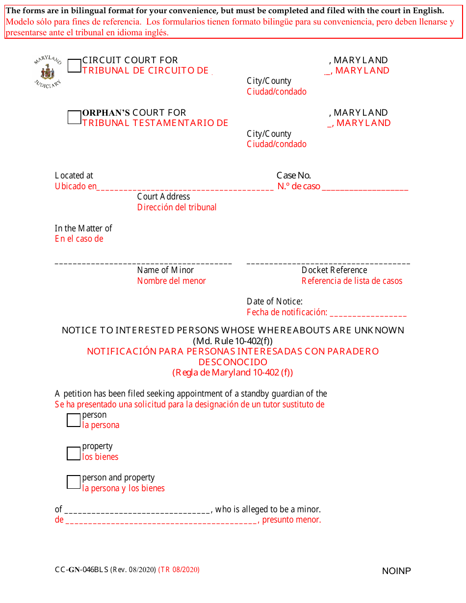 Form CC-GN-046BLS Notice to Interested Persons Whose Whereabouts Are Unknown - Maryland (English / Spanish), Page 1