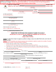 Document preview: Form CC-DR-115BLS Objection to Petition for Change of Name of an Adult - Maryland (English/Spanish)