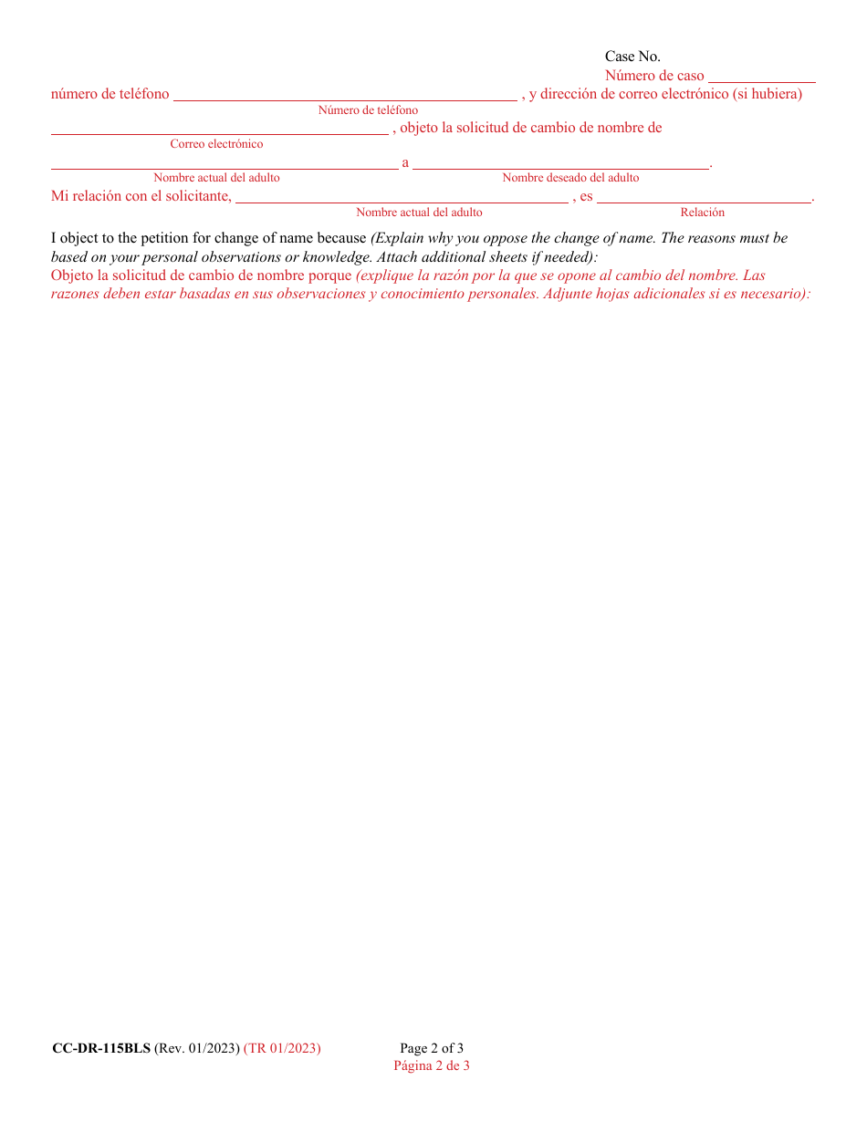 Form CC-DR-115BLS Objection to Petition for Change of Name of an Adult - Maryland (English / Spanish), Page 2