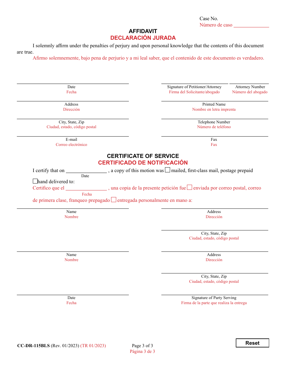 Form CC-DR-115BLS Objection to Petition for Change of Name of an Adult - Maryland (English / Spanish), Page 3