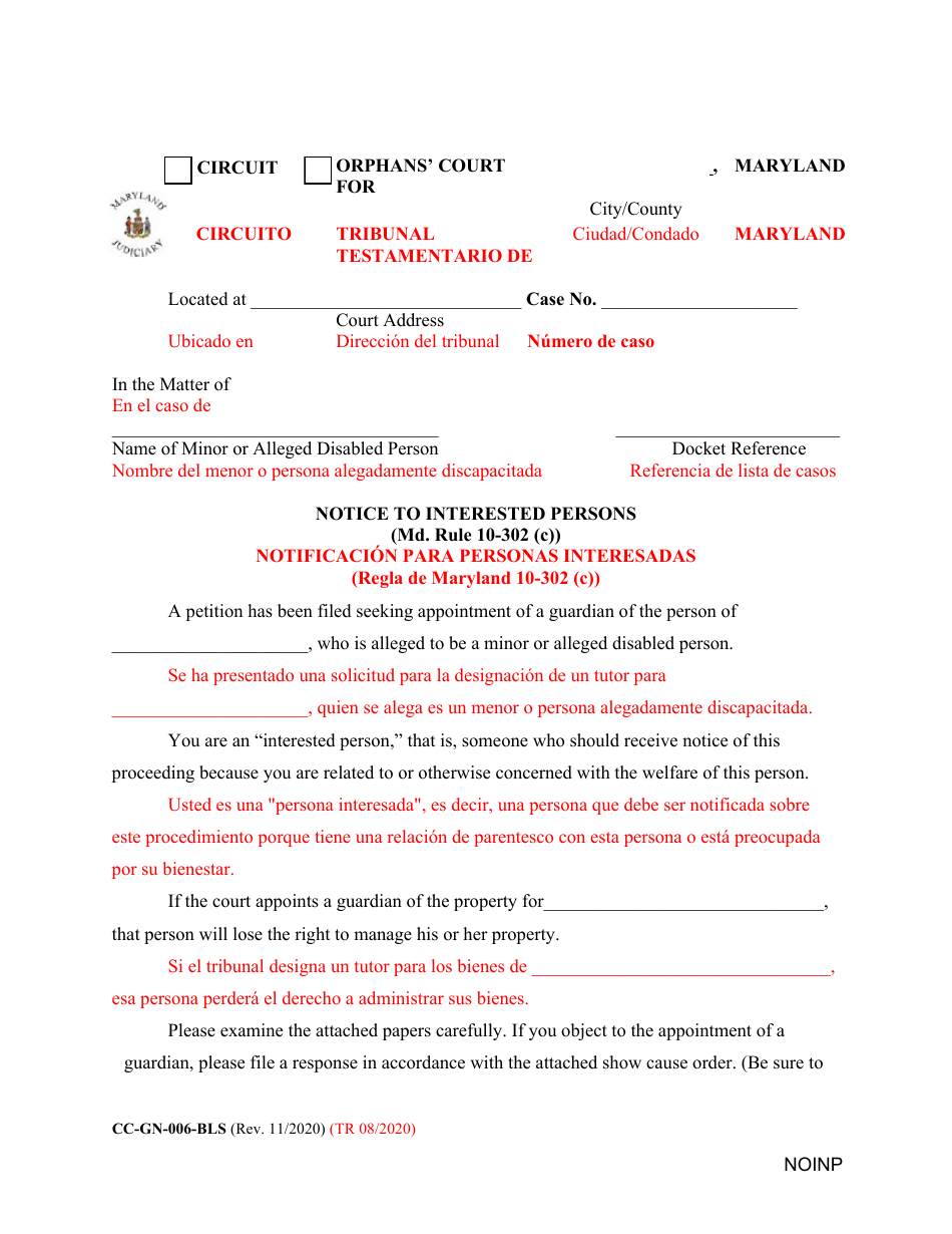 Form CC-GN-006-BLS Notice to Interested Persons - Maryland (English / Spanish), Page 1