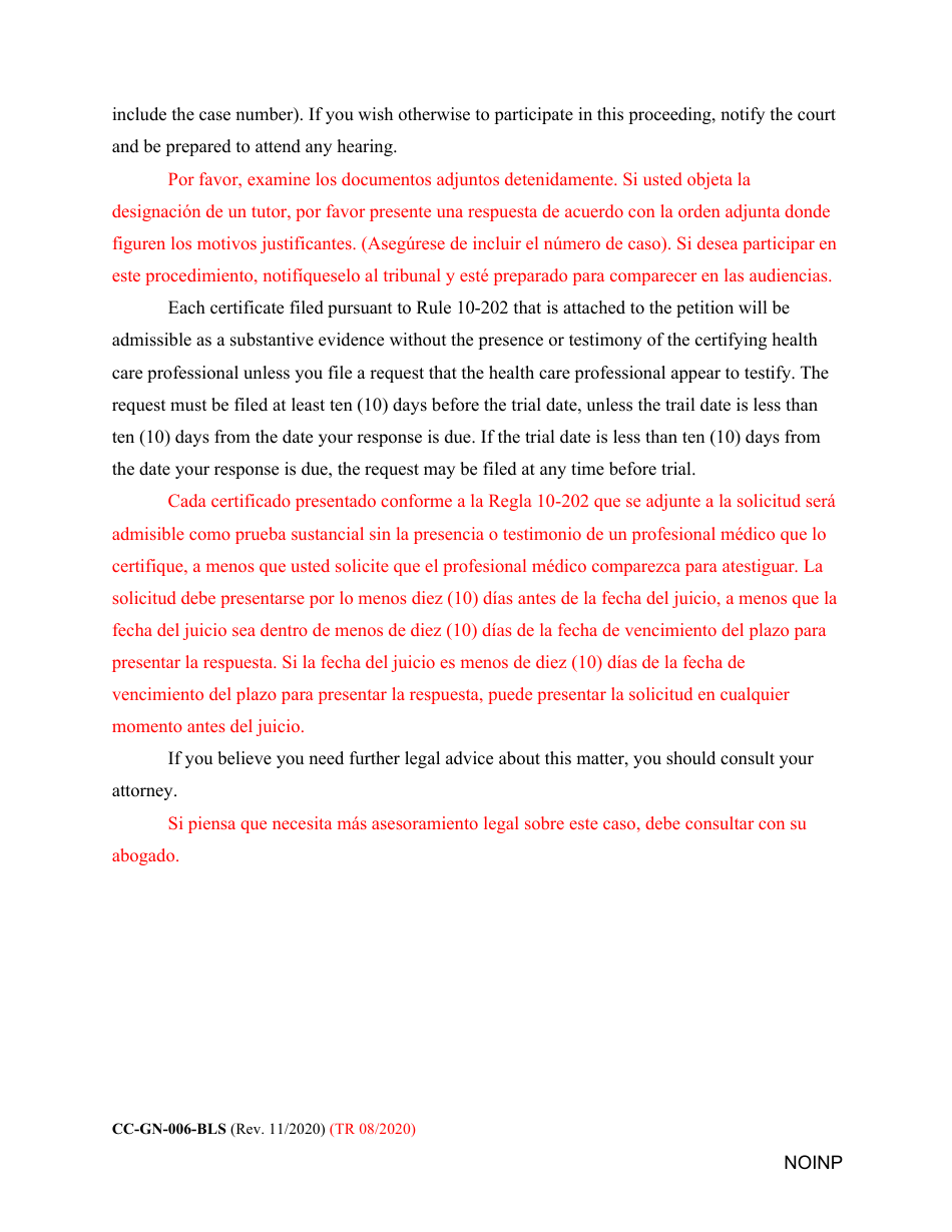 Form CC-GN-006-BLS Notice to Interested Persons - Maryland (English / Spanish), Page 2