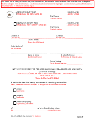 Document preview: Form CC-GN-047BLS Notice to Interested Persons Whose Whereabouts Are Unknown - Maryland (English/Spanish)