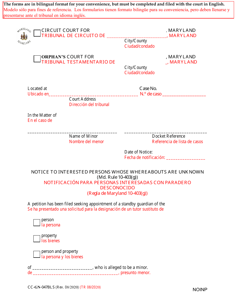 Form CC-GN-047BLS Notice to Interested Persons Whose Whereabouts Are Unknown - Maryland (English / Spanish), Page 1