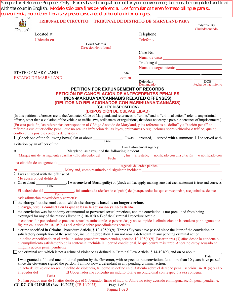 Form CC-DC-CR-072BBLS Petition for Expungement of Records (Non-marijuana / Cannabis Related Offenses) (Guilty Disposition) - Maryland (English / Spanish), Page 1